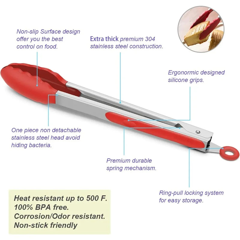 Pinças de Cozinha Vermelhas de 7/9/12 Polegadas – Silicone de Alta Qualidade, Livre de BPA, Antiaderente, Aço Inoxidável – Pinça para Churrasco, Grelha, Cozinha e Trava de Alimentos